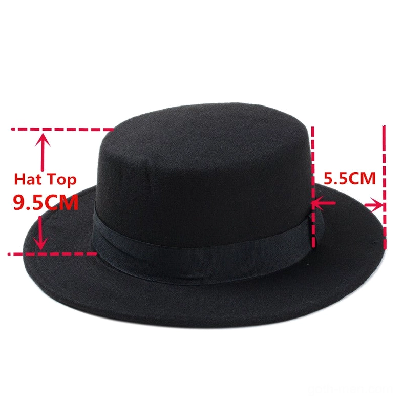 Gothic flat top fedora collection display showing multiple colorways including black, red, blue, and burgundy variations