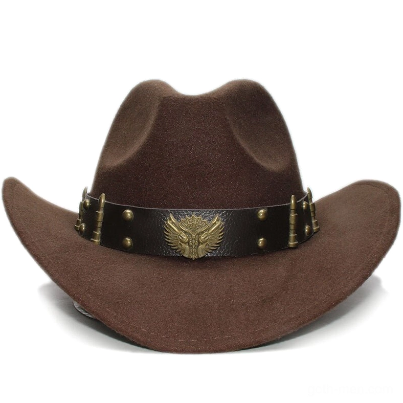 Dark brown wool fedora with leather eagle emblem band and bullet studs, front facing product shot