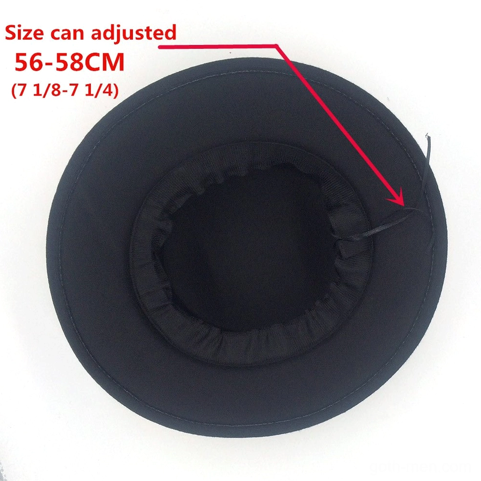 Gothic flat top fedora flat lay product photography showcasing wool felt texture and black satin ribbon detail