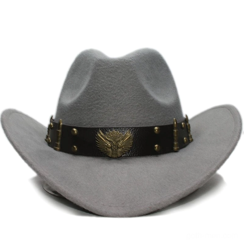 Gothic wool fedora hat detail shot showing leather band with eagle emblem and riveted studs decoration