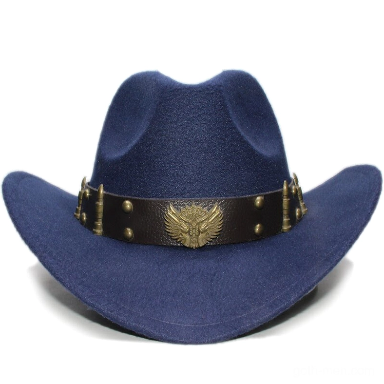 Deep navy blue wool fedora with embossed eagle leather band and rivets, front studio photograph