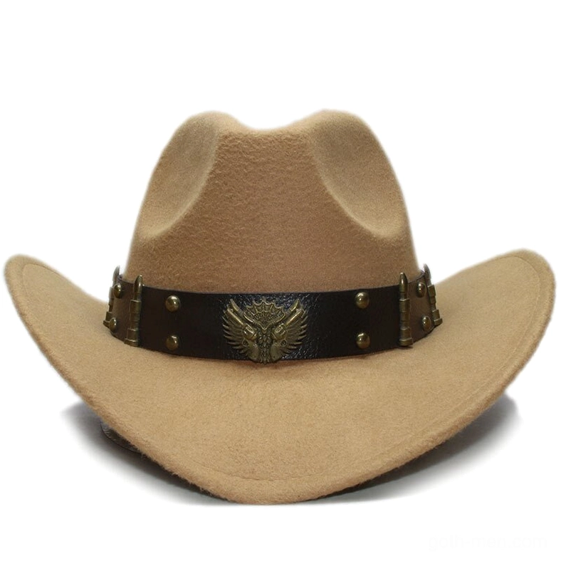 Tan wool fedora with eagle metal decoration leather band and rivets, front facing product image