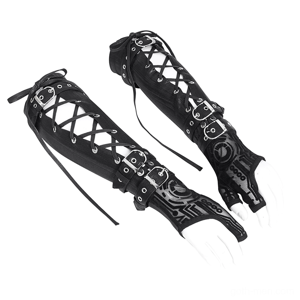 Flat lay view of black fingerless arm gauntlets with cross lace design and metal buckles, all black construction