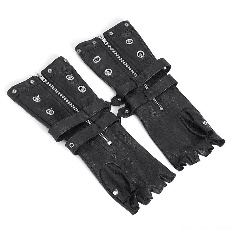 Fingerless biker punk gothic leather gloves flat lay featuring black leather construction, metal zippers, buckle fasteners, and cone spike hardware