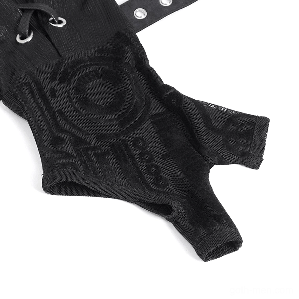Single fingerless black arm gauntlet flat lay showing cyber tech embroidery and stretchy fabric construction