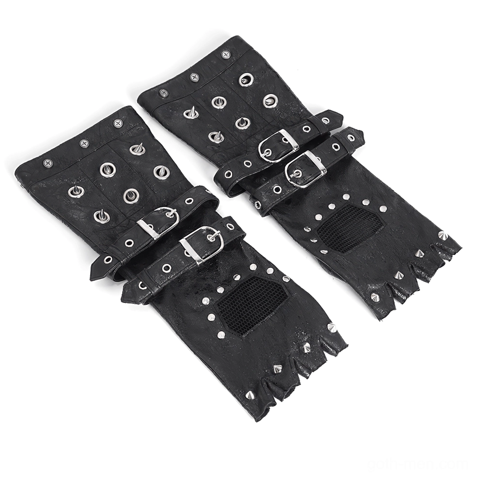Flat lay product shot of fingerless gothic gauntlet gloves displaying black leather, metal eyelets, adjustable buckle straps, and breathable mesh panel details