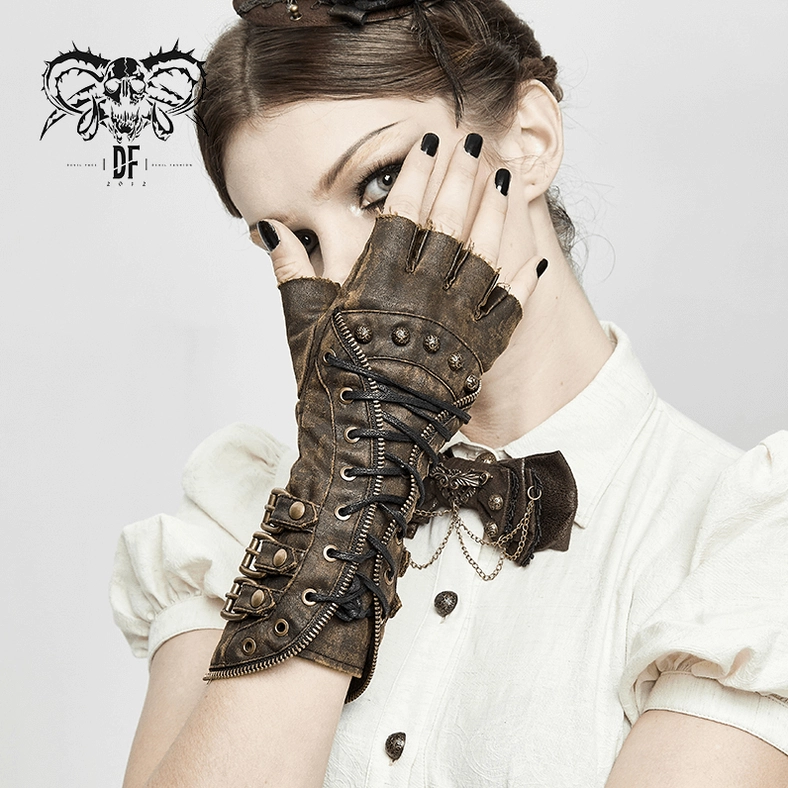 Close-up front view of brown fingerless steampunk gloves highlighting lace straps and leather construction