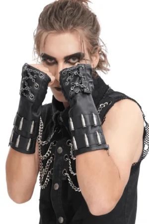 Male model wearing black fingerless gothic gloves with chain and bullet details, front close-up view showcasing intricate metal hardware