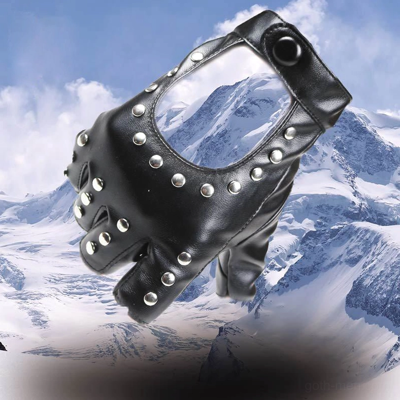 Black gothic fingerless glove with silver rivets styled with red leather handbag accessory