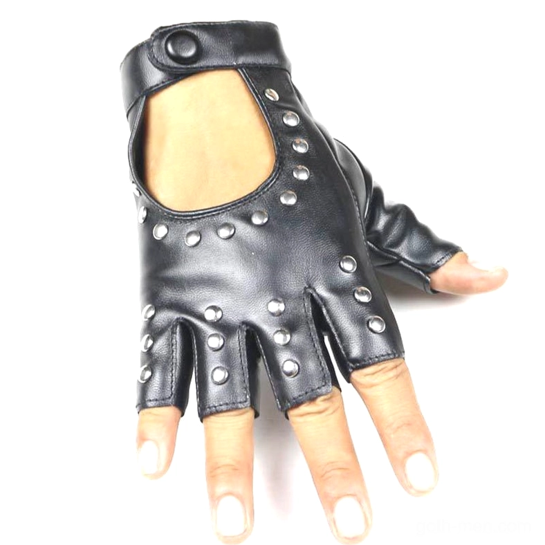 Black gothic fingerless glove worn on hand showing exposed fingertips and silver rivet accents