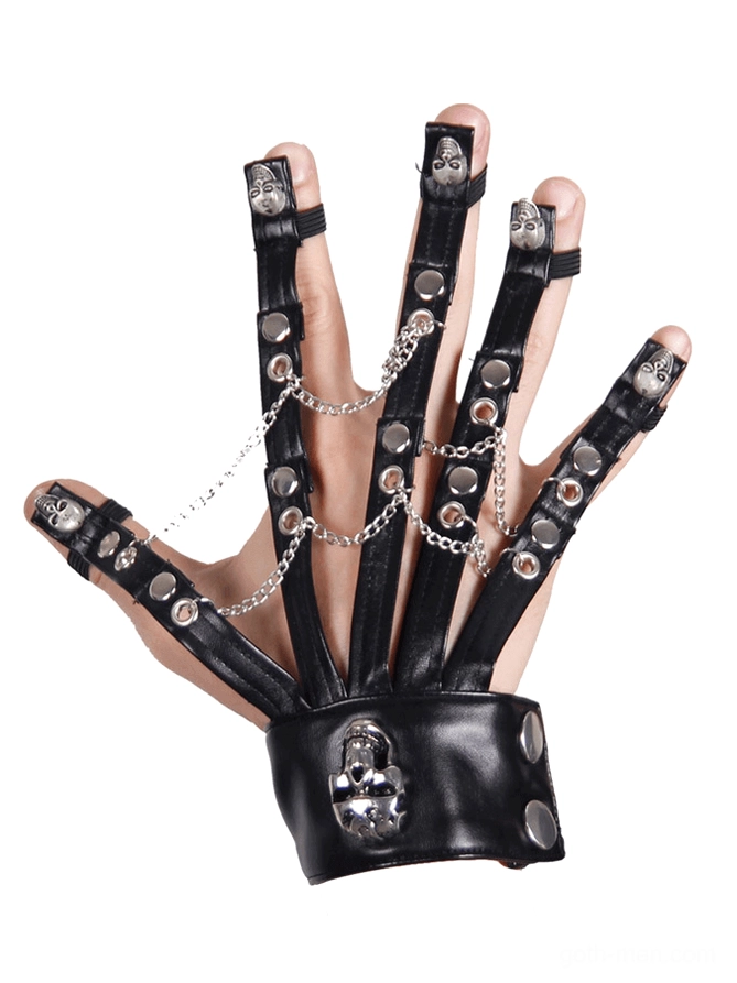 Black faux leather fingerless glove with skull metal studs and chain details - flat lay product photography