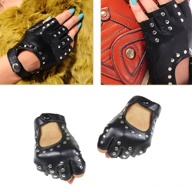 Black studded fingerless glove worn on female hand with teal nail polish showing rivet detail