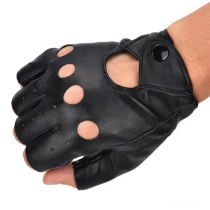 Black gothic fingerless leather gloves half-finger unisex wrist snap button side view