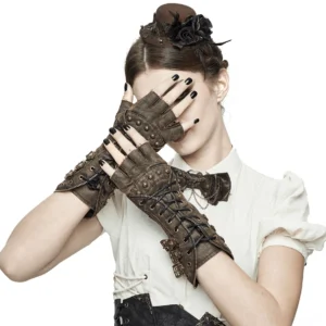 Fingerless steampunk gloves with distressed leather and metal studs worn by female model, studio photography