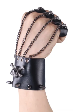 Black PU leather gothic fingerless gloves side angled view showing metal chain links and spiked wrist strap