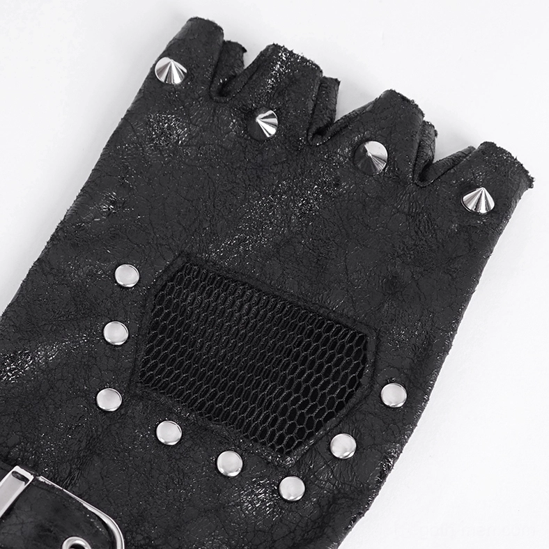 Close-up detail of fingerless gothic leather glove showing cracked leather texture, cone spike studs, mesh panel section, and frayed edges