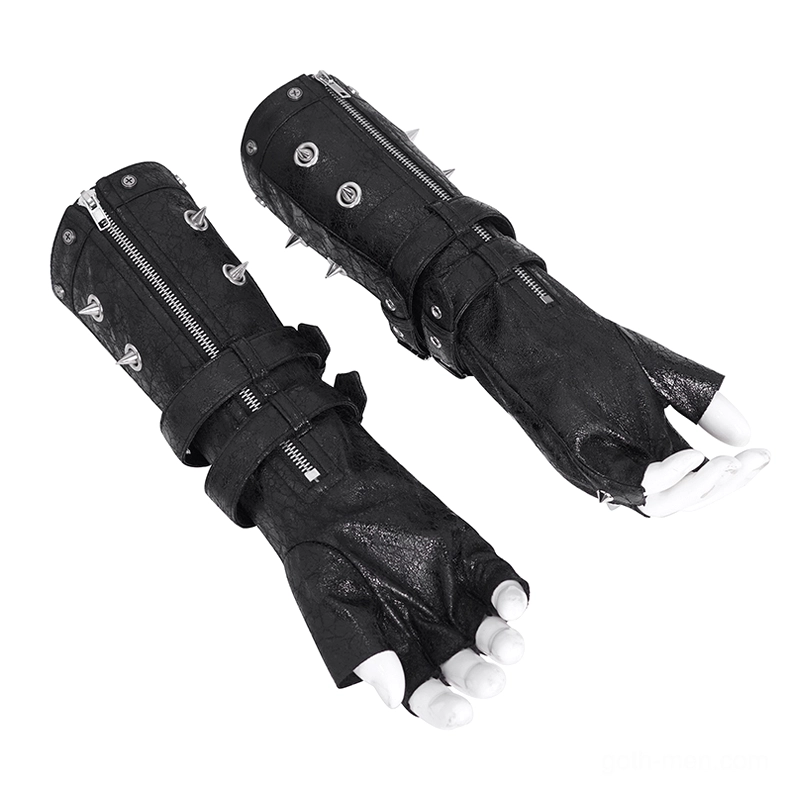 Side flat lay view of fingerless punk gothic leather gloves featuring cracked leather texture, metal spike cones, functional zippers, and buckle straps