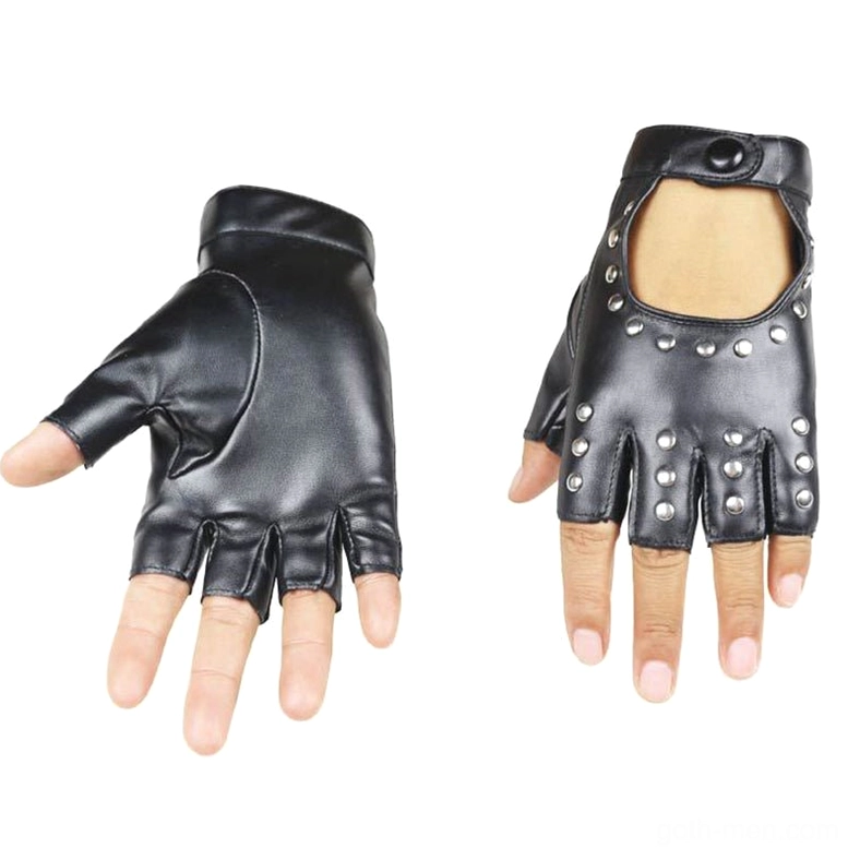 Two fingerless PU leather gloves comparison one plain black one with silver rivet embellishment