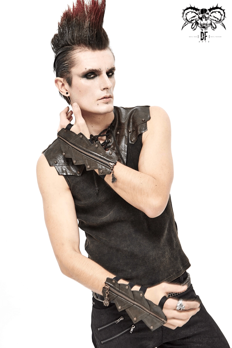 Alternative fashion styling with brown leather fingerless gloves showing skull hardware and elastic construction