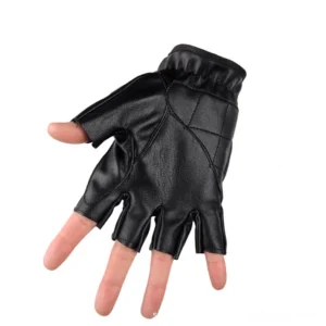 Black PU leather fingerless gothic gloves flat front perspective showing elastic wrist cuff and half-finger design