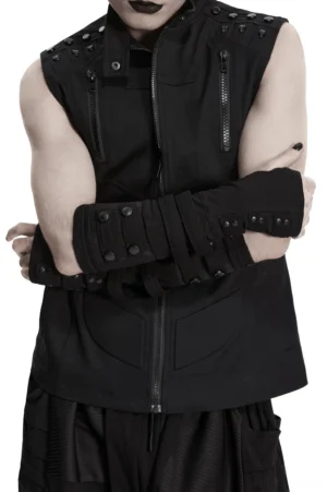 Male model wearing black gothic fingerless gloves with layered button straps, crossed arms front view