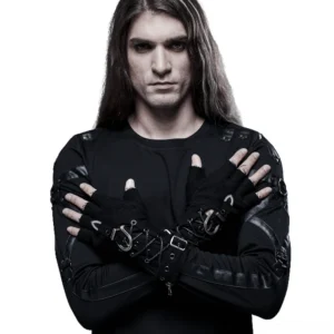Gothic fingerless gloves with metal hardware and side zippers worn by male model, front studio view