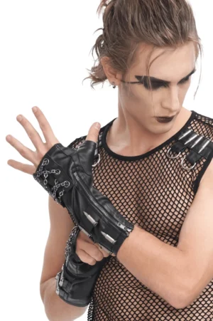 Side three-quarter view of gothic fingerless gloves with decorative chains worn on single hand, displaying chain accents and bullet embellishments