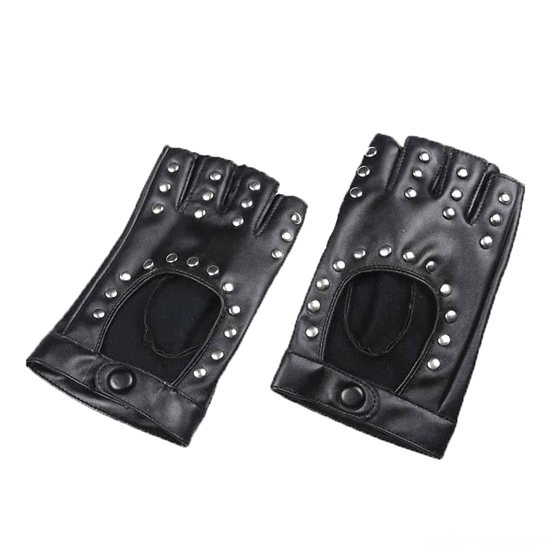 Pair of black fingerless PU leather gloves flat lay featuring palm padding and wrist snap closure
