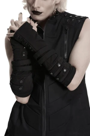Black gothic fingerless gloves with rivet snap straps worn with studded vest, front three-quarter view