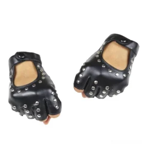 Black studded fingerless PU leather gloves flat lay with silver rivets and palm cutout detail