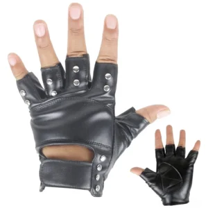 Gothic fingerless leather gloves with silver metal rivets and half-finger design, front view showing rivet details and wrist cutout panel