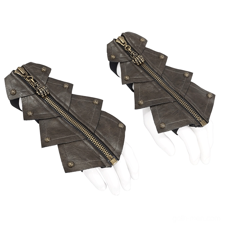 Side view of brown gothic fingerless gloves on mannequin hands with vintage brass zipper and rivets
