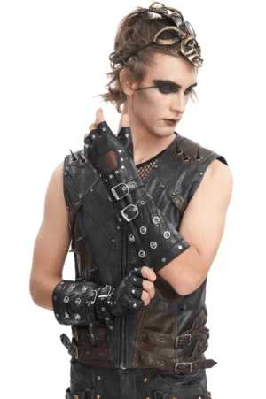 Male model wearing black gothic fingerless studded leather gloves with mesh panels, front three-quarter view showcasing cone spikes and buckle straps