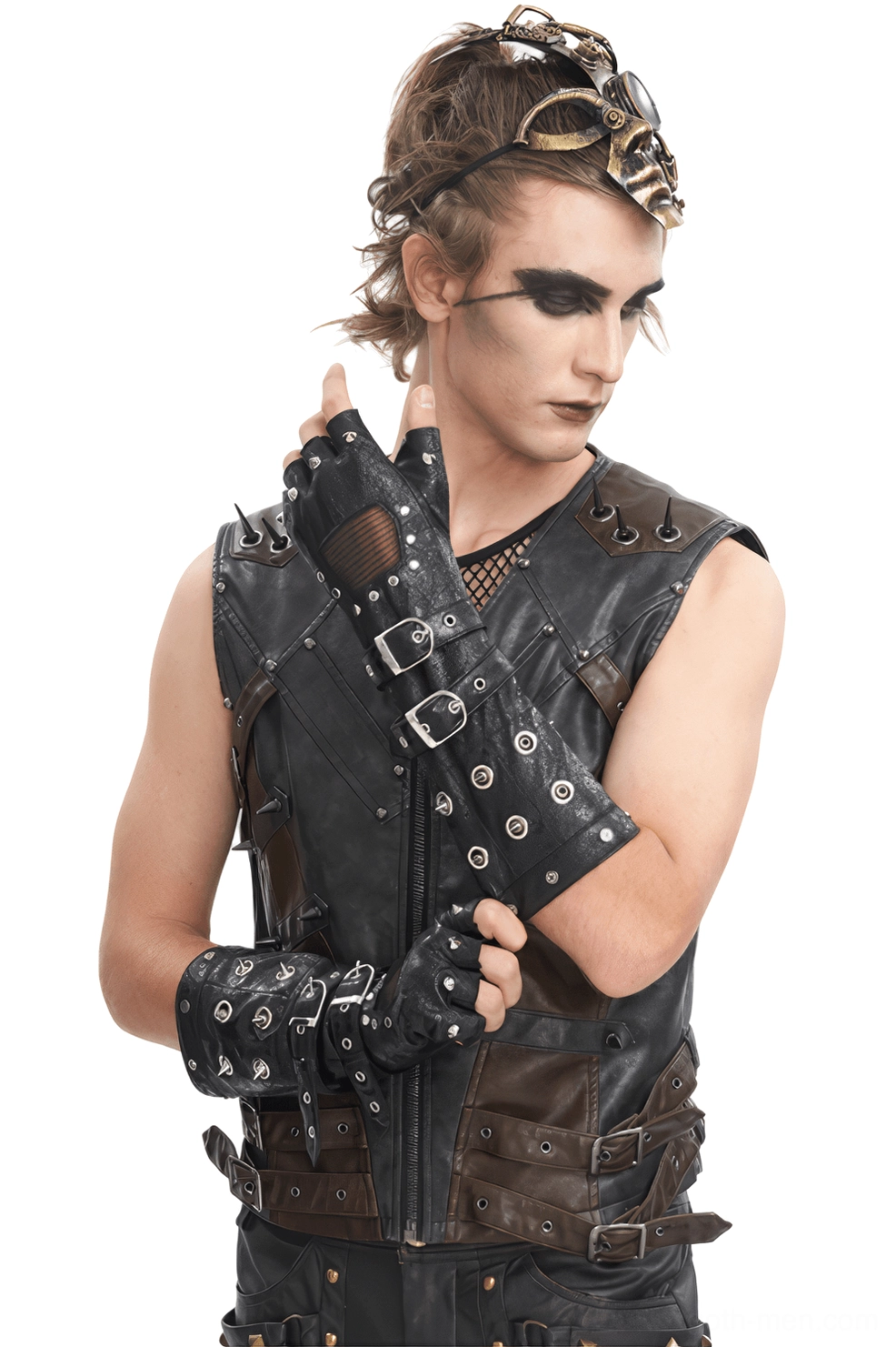 Male model wearing black gothic fingerless studded leather gloves with mesh panels, front three-quarter view showcasing cone spikes and buckle straps