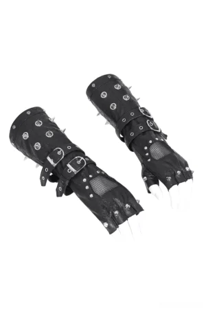Black gothic fingerless leather gloves with metal studs and mesh panels on mannequin hands, angled top-down view displaying buckle fasteners