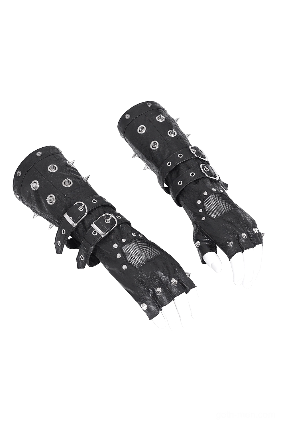 Black gothic fingerless leather gloves with metal studs and mesh panels on mannequin hands, angled top-down view displaying buckle fasteners