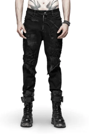 Black distressed gothic denim jeans with fishnet mesh panels - front full body view worn by male model