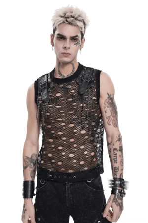 Black Gothic Distressed Fishnet Tank Top with Metal Buckle Shoulder Straps - Front Full Body View on Tattooed Male Model
