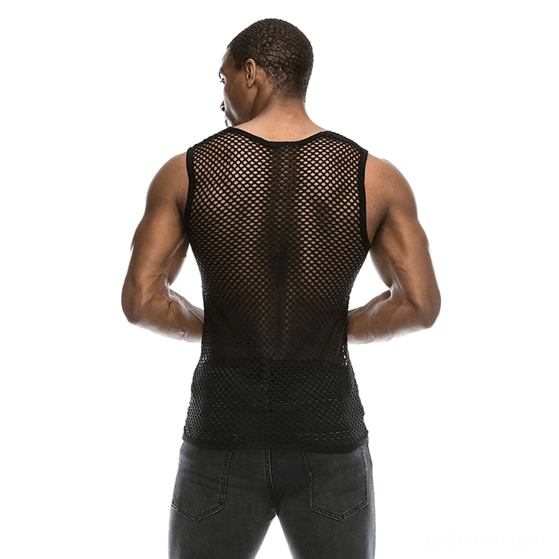 Sheer fishnet gothic tank top for men black mesh sleeveless fitted styling