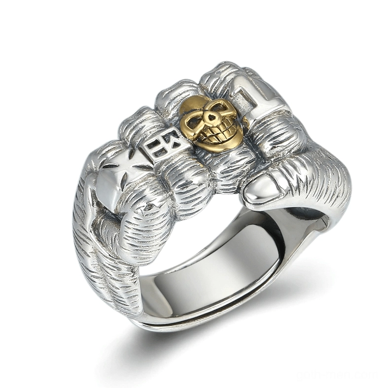 Gothic fist skull ring front view overhead perspective sterling silver unisex alternative jewelry