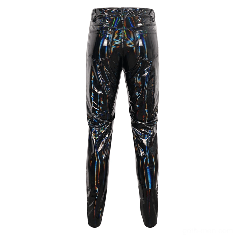 Black gothic patent leather pants flat rear view - slim fit punk trousers back panel