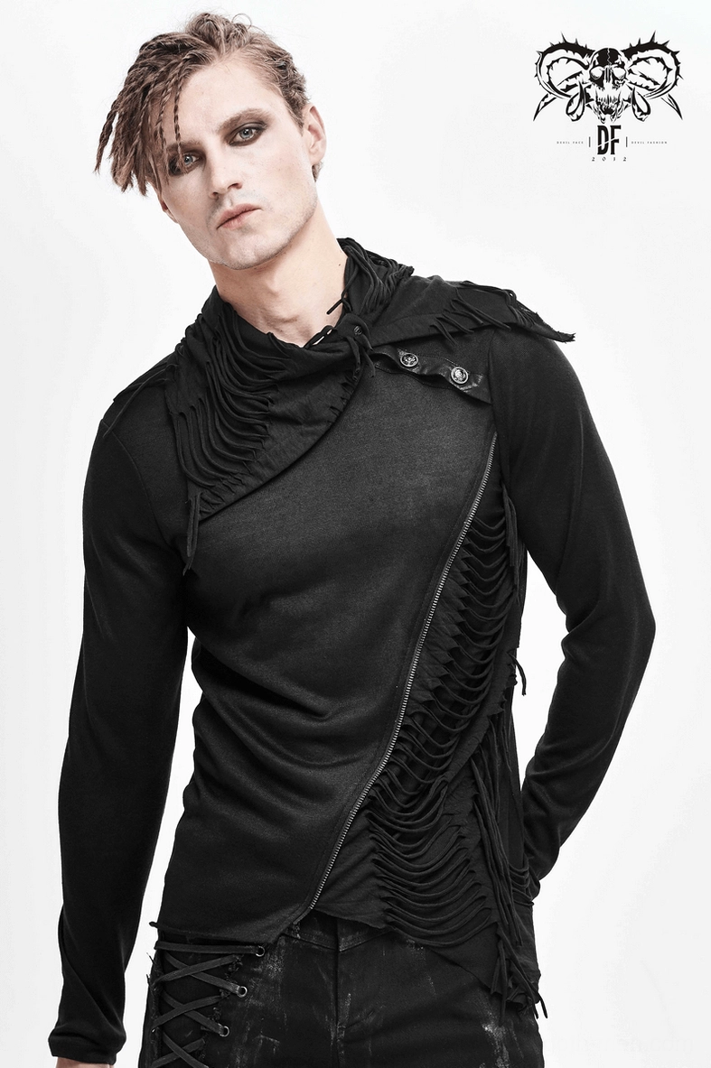 Black gothic fitted sweatshirt back view with asymmetric side cut and high collar styling