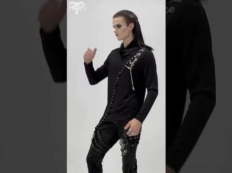 Side profile three-quarter view of fitted gothic sweatshirt with asymmetrical chain-trimmed strap detail, showing silhouette and construction on male model