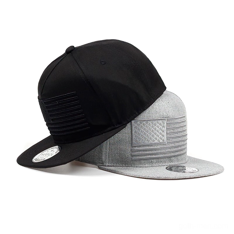 Black and heather gray gothic snapback caps stacked side by side