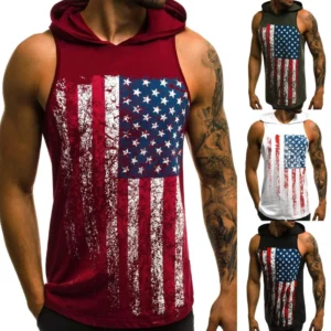 Men's Gothic Distressed Flag Hooded Tank Top in Burgundy with Sleeveless Cut - Front View
