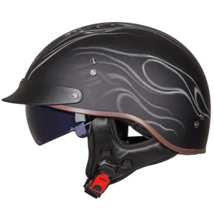 Gothic flame half-face motorcycle helmet left front perspective with silver flame pattern and dark visor