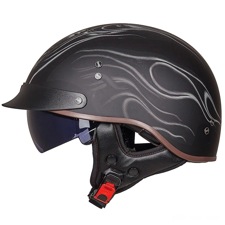 Gothic flame half-face motorcycle helmet left front perspective with silver flame pattern and dark visor