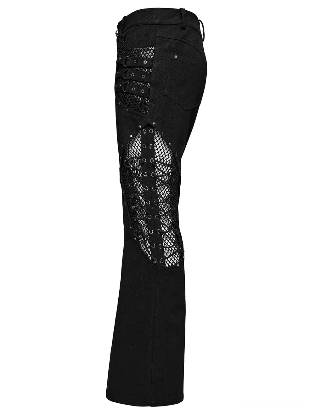 Side profile of black gothic pants showing mesh side lace-up rivet details