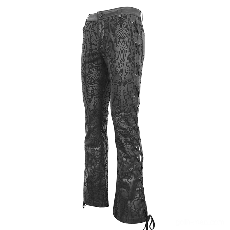 Back side view of black gothic flared trousers with intricate damask pattern and drawstring hem