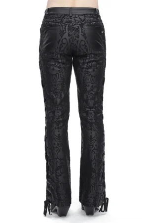 Black gothic flared trousers back view showing leather pocket details and ankle lace fasteners